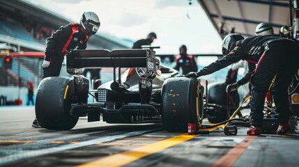 Formula 1 racing cars undergo repairs and make pit stops with the help of the technical team