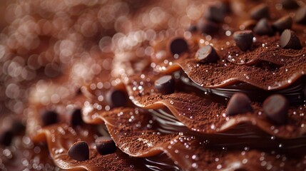   A macro shot of a chocolate cake with chocolate crumbles and chocolate chips on top, adorned with droplets of water