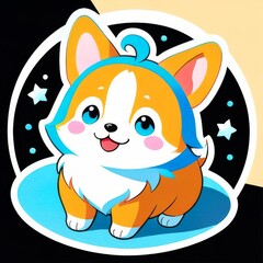 Sticker. Cute corgi puppy wearing a blue scarf against a background of stars. 