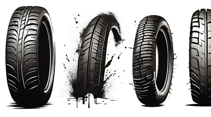 Tire tread marks, wheel texture, tire marks - car races, motocross, drift, rally, off-road and other. Vector black isolated texture in grunge style with splashes. - obrazy, fototapety, plakaty