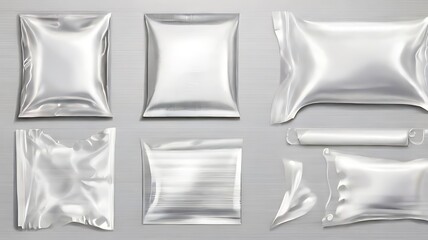 Torn plastic wrap set isolated on transparent background. Set of cellophane or polyethylene wrapper layouts for printing. Polyethylene packaging for CD cover.