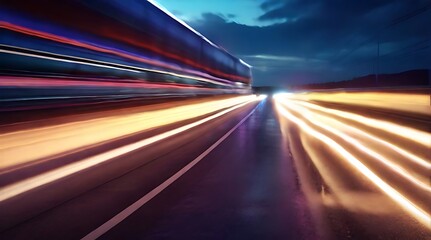 Cars lights on the road at night time. Timelapse, hyperlapse of transportation. Motion blur, light trails, abstract soft glowing lines