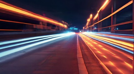 Fototapeta na wymiar Cars lights on the road at night time. Timelapse, hyperlapse of transportation. Motion blur, light trails, abstract soft glowing lines