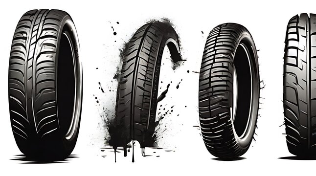 Tire tread marks, wheel texture, tire marks - car races, motocross, drift, rally, off-road and other. Vector black isolated texture in grunge style with splashes.