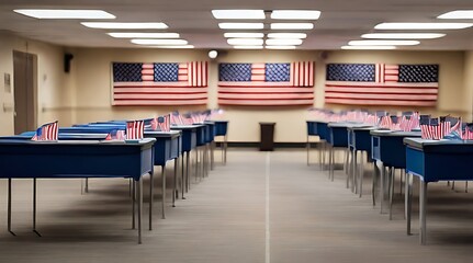 Vote center with voting booths, adorned with American flags, stand in orderly rows. This snapshot captures the essence of civic duty and poll, symbolizing the presidential election process. - obrazy, fototapety, plakaty