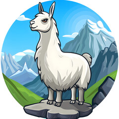 Fototapeta premium A cartoonish drawing of a white llama standing on a rock in front of a mountain.