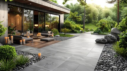   A cozy living space featuring ample seating, lush greenery, and an array of stones surrounding the exterior
