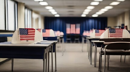 Vote center with voting booths, adorned with American flags, stand in orderly rows. This snapshot captures the essence of civic duty and poll, symbolizing the presidential election process. - obrazy, fototapety, plakaty