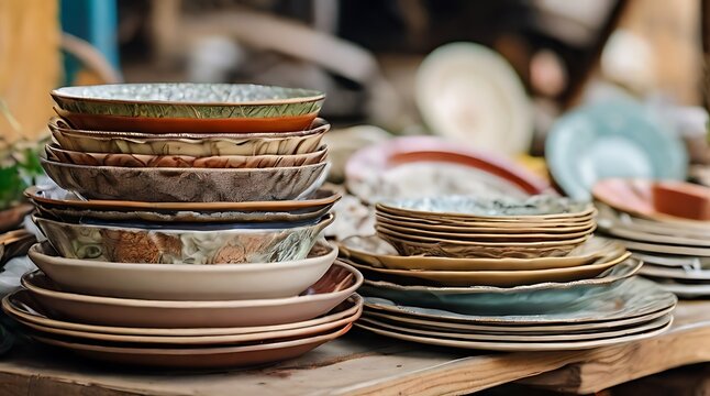 Vintage dishes, pile of old plates. Second hand household objects for sale at flea market, garage sale, thrift store, charity shop. Zero waste, sustainable