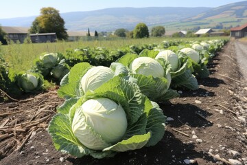 white cabbage growing in a field in a garden bed