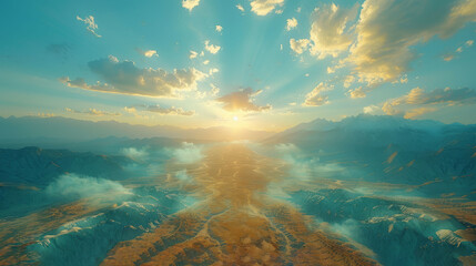   An aerial perspective showcases the mountain range under the sun's rays piercing the clouds while illuminating the sky above - obrazy, fototapety, plakaty