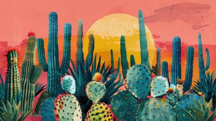 Beautiful desert sunset painting with cactus plants under the fading light of the setting sun