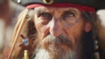 A close-up of a man with a pirate look, displaying an intense gaze and weathered features.