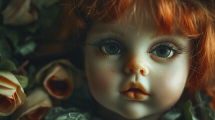 A doll with red hair and large eyes lies amongst faded roses, giving a haunting and eerie feel.