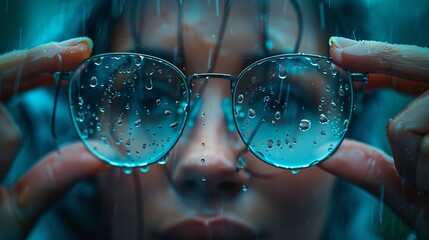 Close shot of a woman hand holding an eyeglass and got wet in rain with a big space for text or product advertisement, Generative AI.