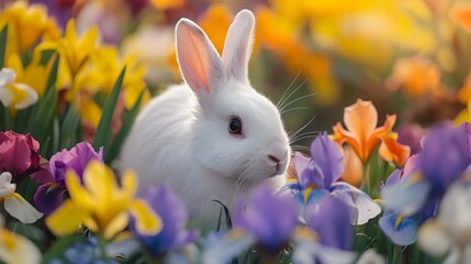 White Rabbit Nestled Amongst Vibrant Iris Flowers A Serene Documentary Photography Scene