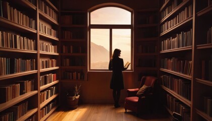 Silhouette of a solitary woman standing by a window in a home library, with sunset light casting a warm glow over shelves of books.