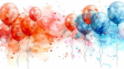   A group of red, white, and blue balloons floats in the air with splashes of paint on their bottoms