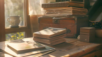 A stack of photos on the table - obrazy, fototapety, plakaty
