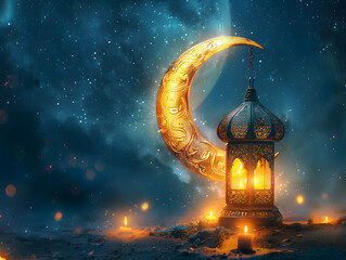 Arabic lantern with crescent moon blue themed. Ramadan Kareem greeting card with copy space. Muslim Holiday celebration. Eid celebration. Generative Ai
