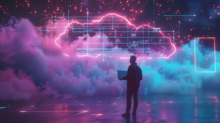 A startup founder brainstorming on a flip chart in front of a cloud server with glowing nodes - obrazy, fototapety, plakaty