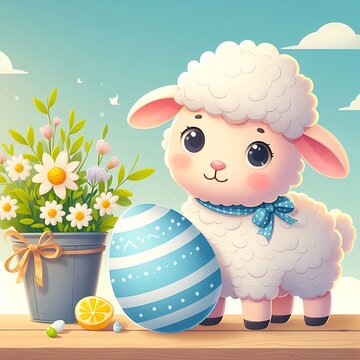 Cute Easter lamb with broken easter egg decoration.vector illustrations
