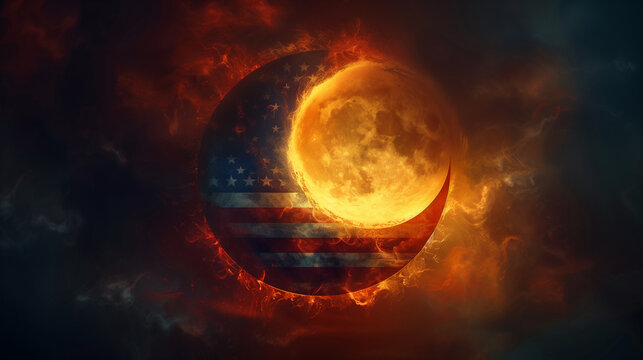 American flag and a solar eclipse, double exposure. day becomes night. celestial event.