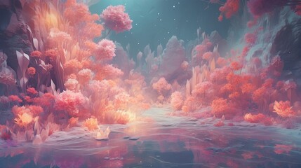 A beautiful pink and orange forest with a river running through it - obrazy, fototapety, plakaty