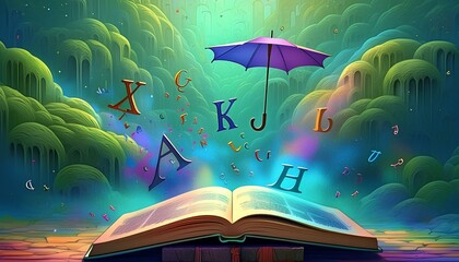 Ein offenes Buch aus den die Buchstaben fliegen. 