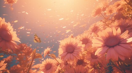 Fototapeta na wymiar A butterfly is flying in a field of pink flowers
