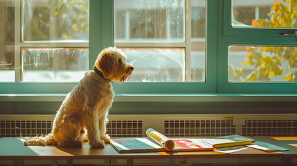 A white bordoodle sits at a bench in a secondary school - obrazy, fototapety, plakaty