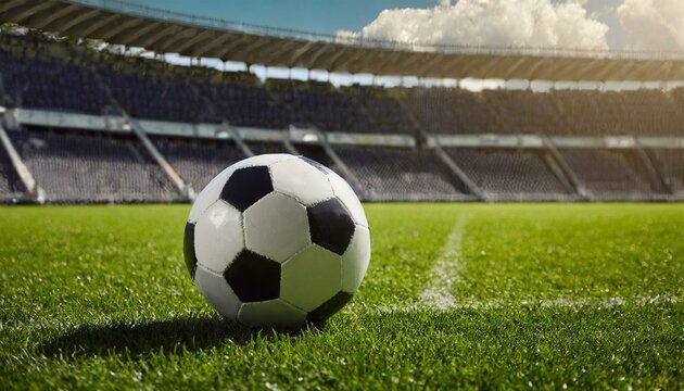 Sports photo of a soccer ball resting in the lush green field of a vibrant stadium, poised for action in the midfield, captured, background