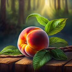 Peaches with leaves on a wooden background
