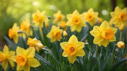 A breathtaking view of yellow daffodils, signaling the joyful essence of spring in a tranquil garden setting