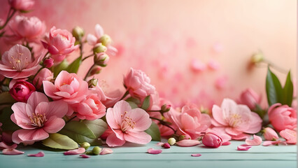 Delicate pink flowers arranged artistically against a soft backdrop, embodying spring's tender beauty and freshness