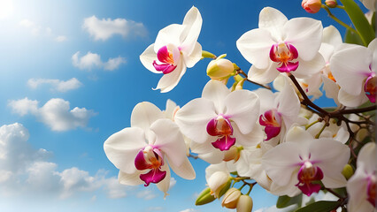 Majestic white orchids rise up to the clear blue sky, heralding the warmth and growth of the spring season