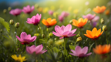 A stunning display of pink and orange flowers blooming in the vibrant springtime sunshine, showcasing the beauty of spring