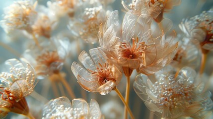   Close-up photo of a bouquet of flowers with water droplets on petals and stems - obrazy, fototapety, plakaty