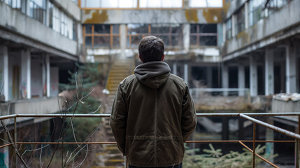 A man stands contemplatively before an abandoned, dilapidated structure, the overcast sky adding to the somber scene.