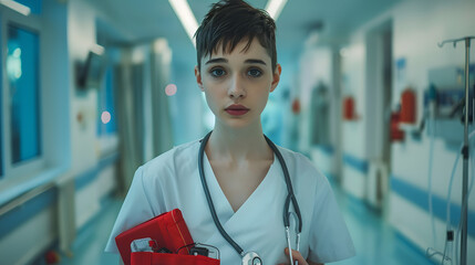 A young nurse with short hair and a stethoscope stands against a hospital background