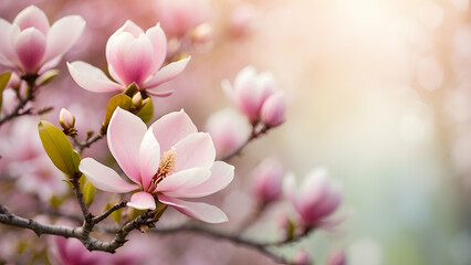The delicate pink magnolia blossoms epitomize the renewal and beauty of spring, with sunbeams enhancing their gentle allure