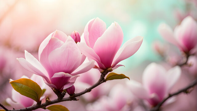 Stunning magnolia flowers in bloom against a backdrop of a pastel-hued spring sky, evoking romance and the spirit of renewal
