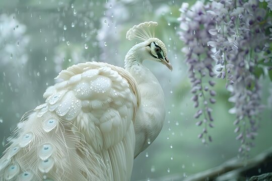 White Peacock in Wisteria Garden A Vivid Documentary and Editorial Photography Masterpiece