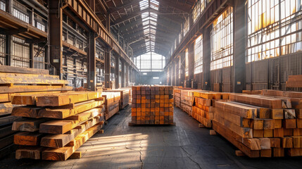 A lumber yard filled with stacks of wooden beams and planks resting on metal racks. Construction store, sawmill.