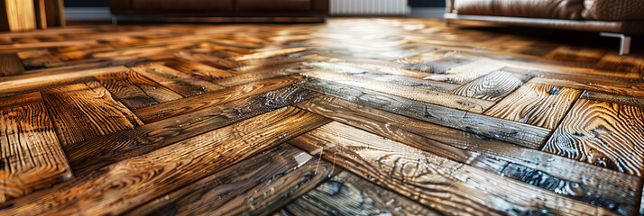 Natural Oak Hardwood Flooring, Sunlit Parquet Texture, Elegant Home Interior Design Background - obrazy, fototapety, plakaty