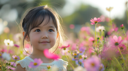 Little girl, cute, Japanese, smiling, full body, daytime, hyperrealism, portrait, background is a beautiful flower garden,