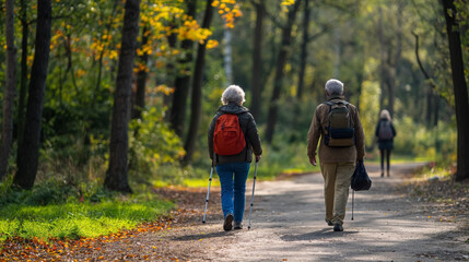 Two seniors with backpacks enjoy a leisurely walk on a path in a park, surrounded by the greenery of early fall.