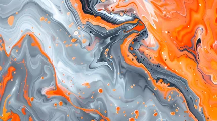Fotobehang Abstract orange and grey marble background with fluid acrylic paint swirls © Oleksandr
