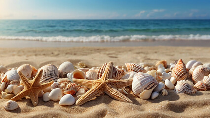 Fototapeta na wymiar Seashells and starfish on the sandy beach near the sea