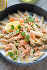 Close-up of creamy penne pasta with salmon flakes in a grey bowl, vertical shot, selective focus